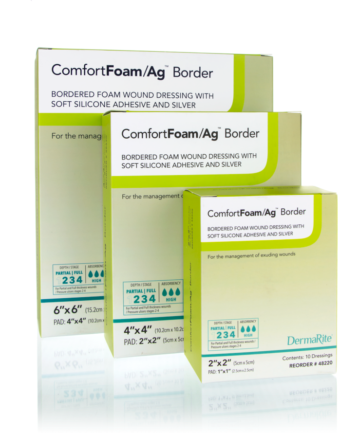 ComfortFoam/Ag™ Border Silver Foam Dressing, 4 x 4 Inch