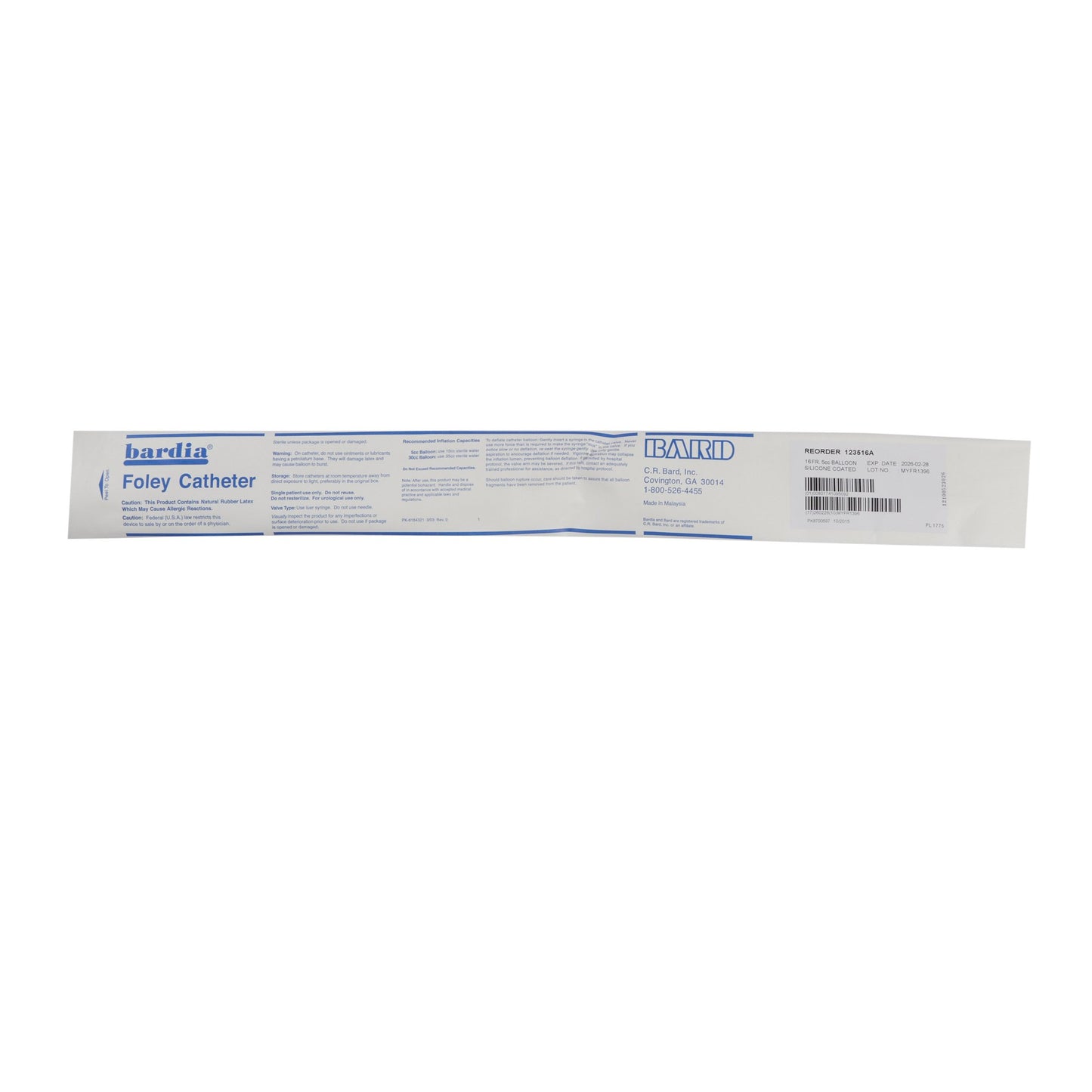 Bardia Silicone Coated Foley Catheter, 16 Fr., 5 cc
