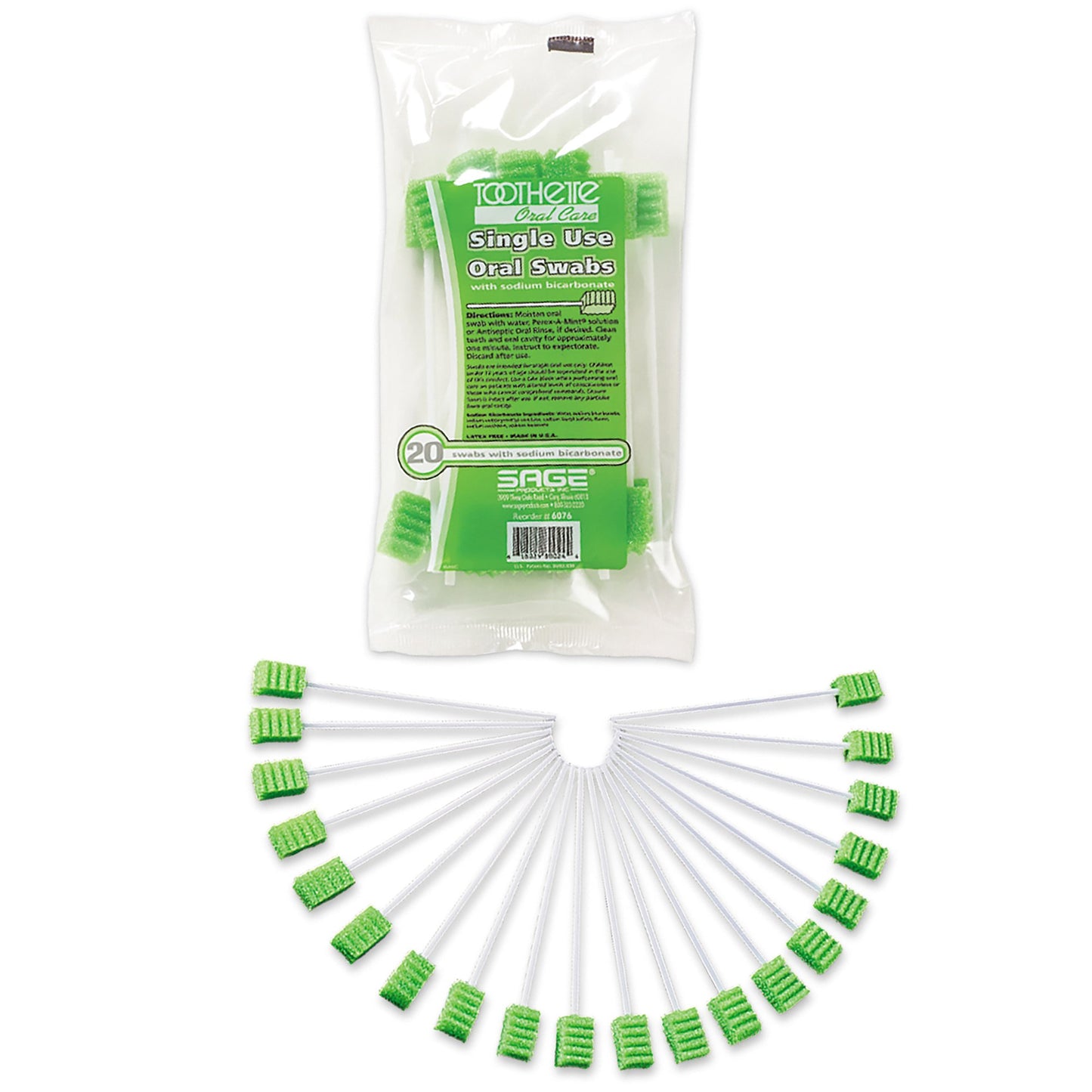 Toothette Plus Oral Swabsticks Foam Tip, Green, 6 Inch, Individually Wrapped