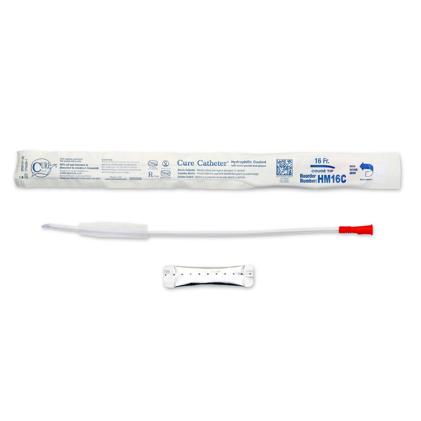 Cure Catheter for Men, Hydrophilic, 16 Fr., Coud