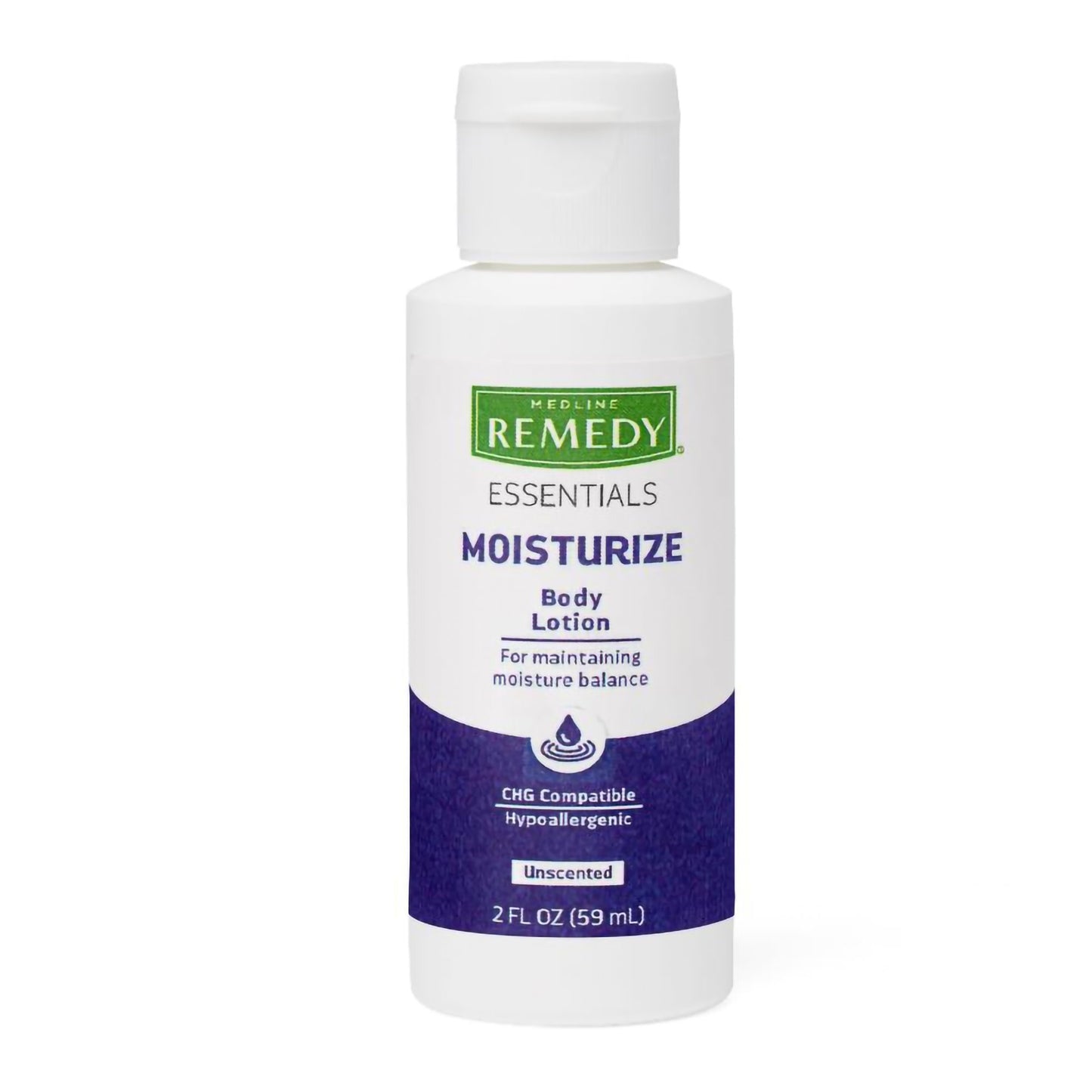 Hand and Body Moisturizer Medline Remedy Essentials Moisturize 2 oz. Bottle Unscented Lotion CHG Compatible
