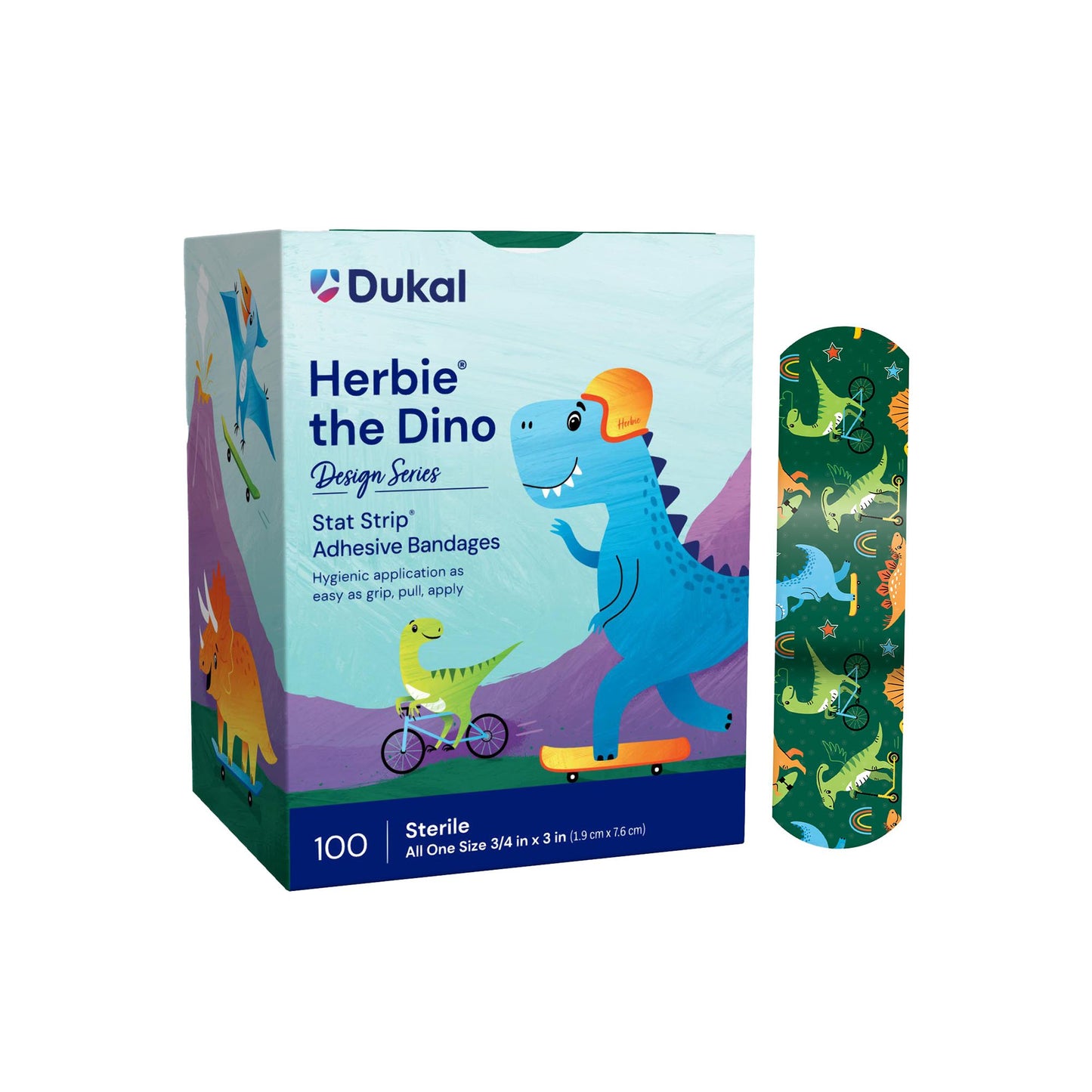 American White Cross Stat Strip Kid Design Herbie the Dinosaur Adhesive Strip