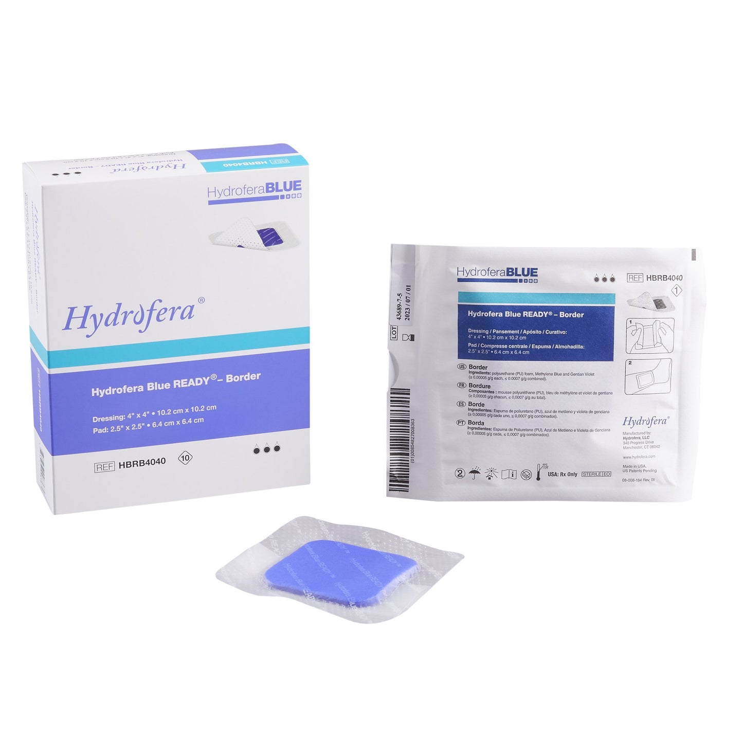 Antibacterial Foam Dressing Hydrofera BLUE READY-Border™ 4 X 4 Inch With Border Waterproof Film Backing Silicone Adhesive Square Sterile