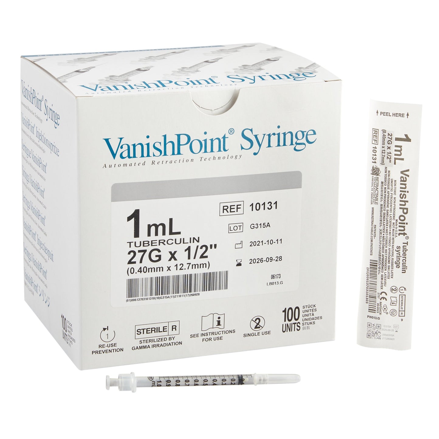 VanishPoint 1 mL Tuberculin Syringe with Needle, 27 Gauge, 1.5" Needle Length