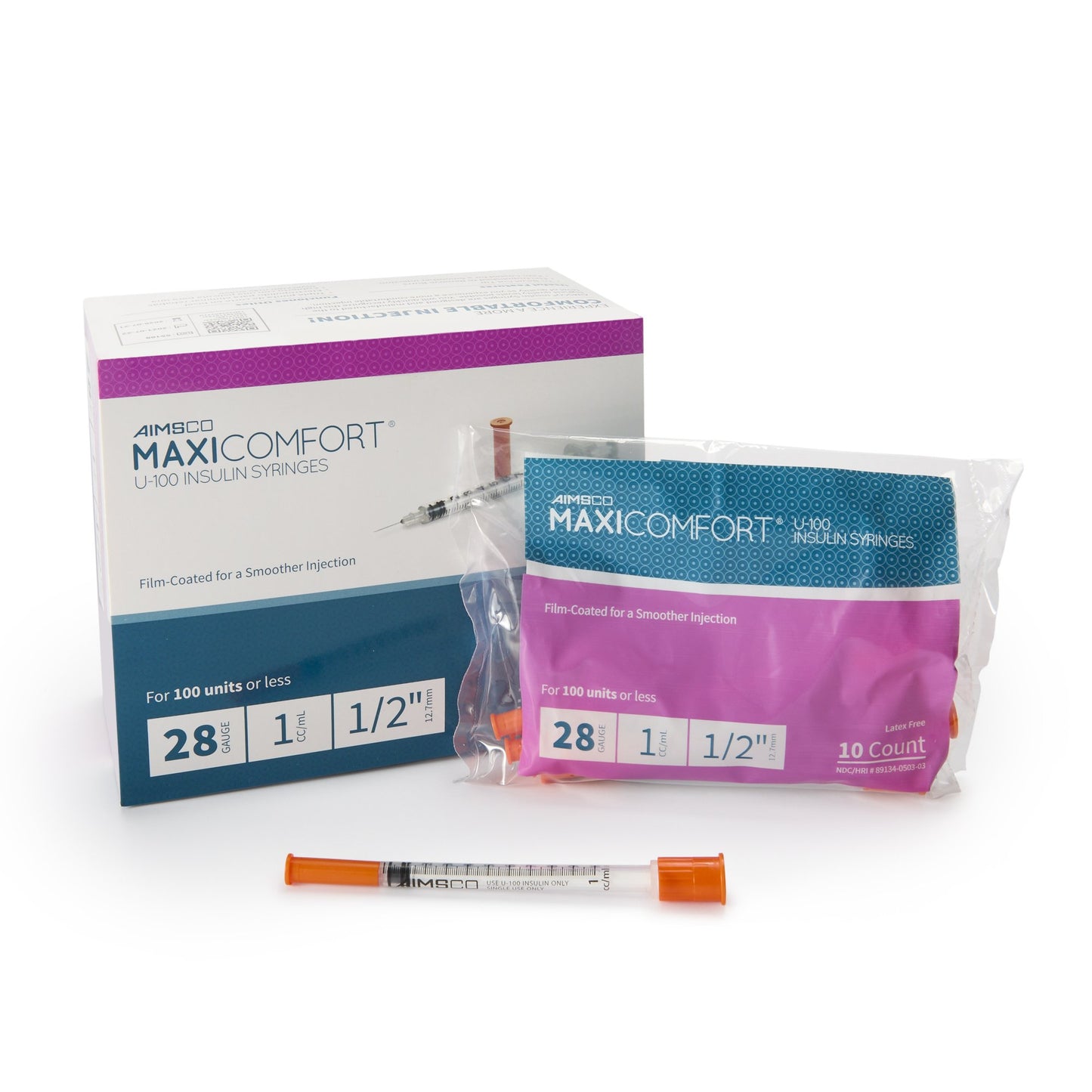 MaxiComfort II Standard Insulin 1mL Syringe with Needle, 28 Gauge, 0.5 Inch