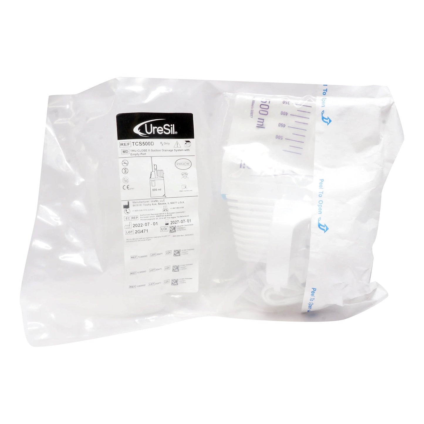 Suction Drainage Bag Tru-Close 20 Inch Tubing 500 mL Sterile Anti-Reflux Barrier