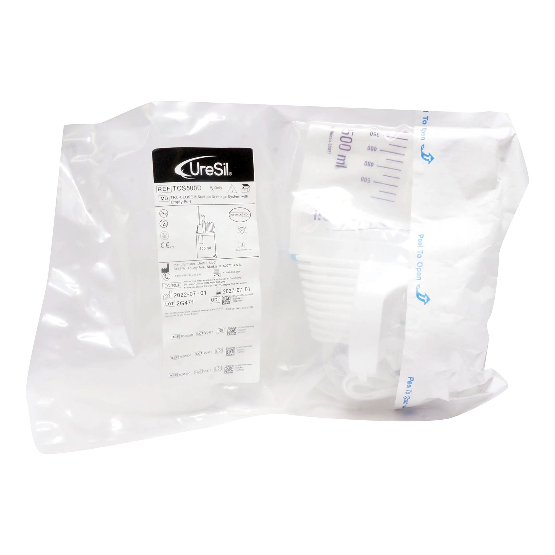 Suction Drainage Bag Tru-Close 20 Inch Tubing 500 mL Sterile Anti-Reflux Barrier