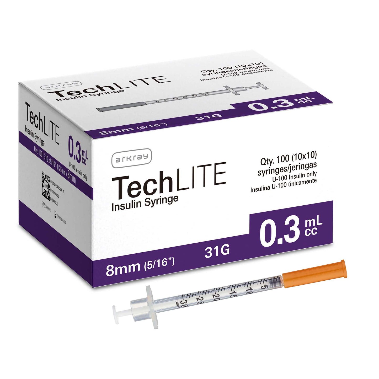 Standard Insulin Syringe with Needle Techlite 0.3 mL 15/64 Inch 31 Gauge NonSafety Thin Wall