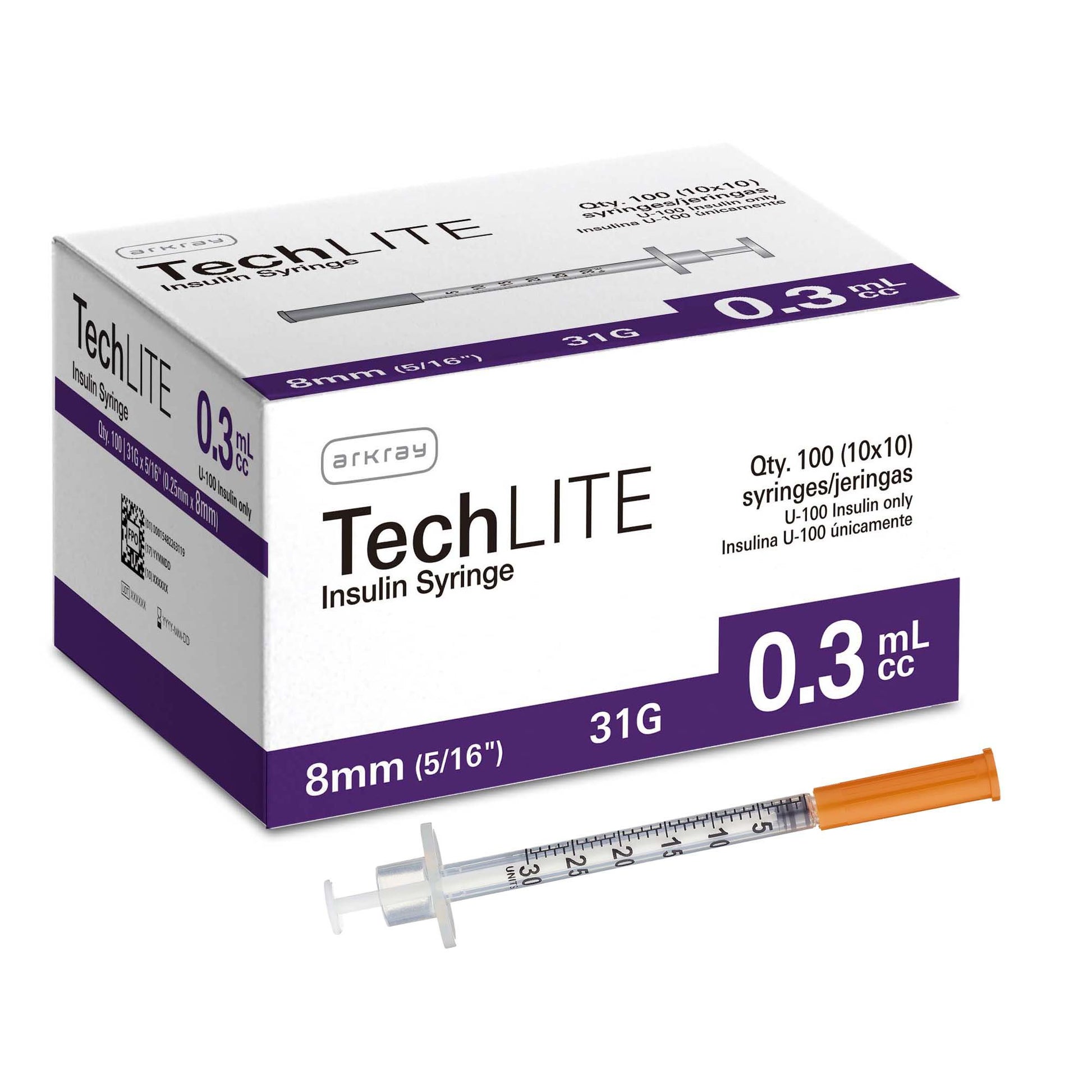 Standard Insulin Syringe with Needle Techlite 0.3 mL 15/64 Inch 31 Gauge NonSafety Thin Wall