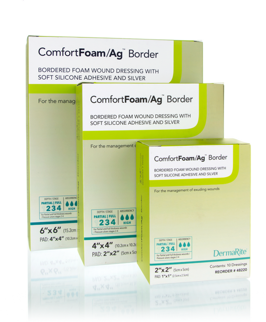 ComfortFoam/Ag™ Border Silver Foam Dressing, 4 x 4 Inch