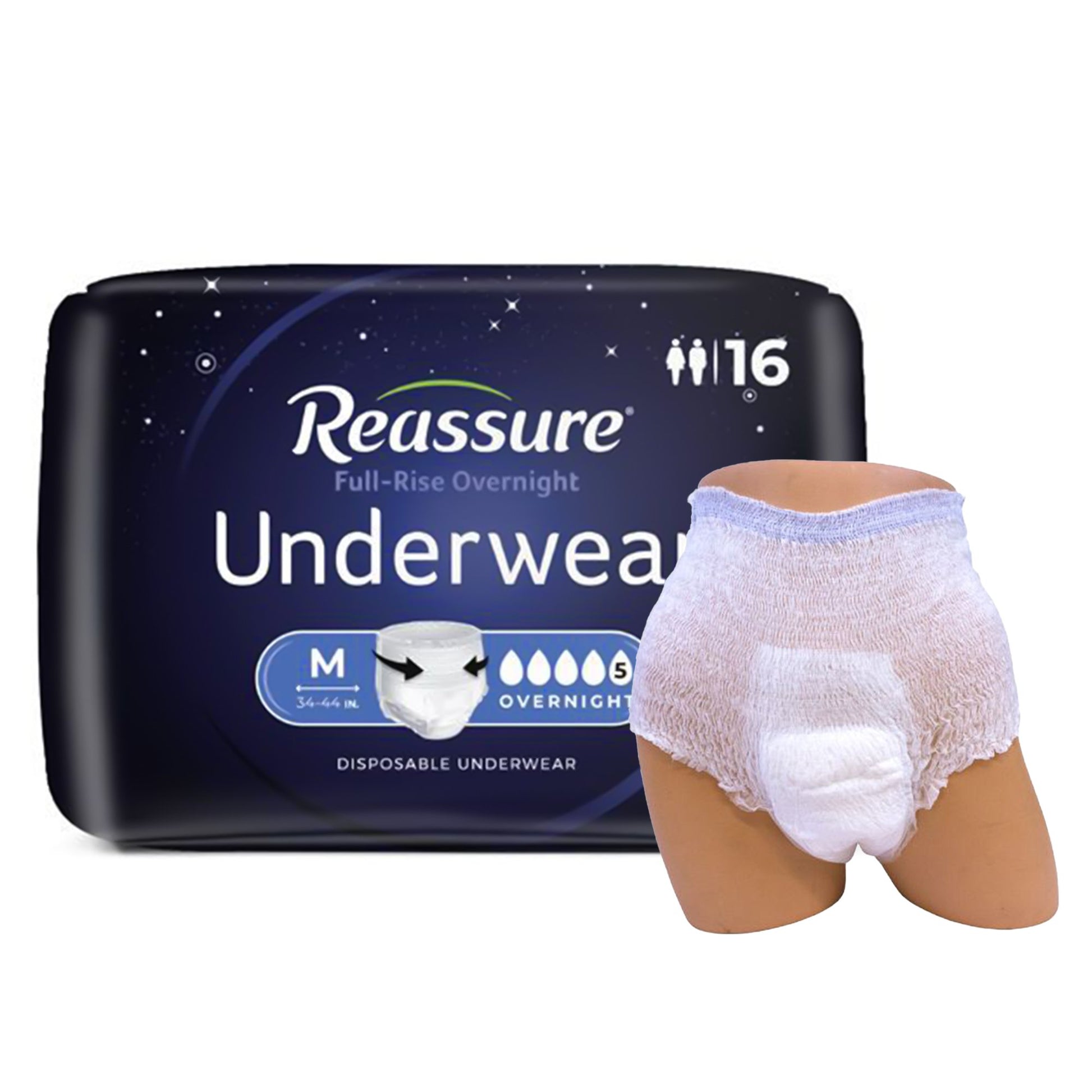Absorbent Underwear Reassure Full-Rise Overnight Pull On with Tear Away Seams Adult Medium Unisex Disposable Heavy Absorbency