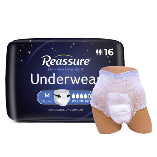 Absorbent Underwear Reassure Full-Rise Overnight Pull On with Tear Away Seams Adult Medium Unisex Disposable Heavy Absorbency
