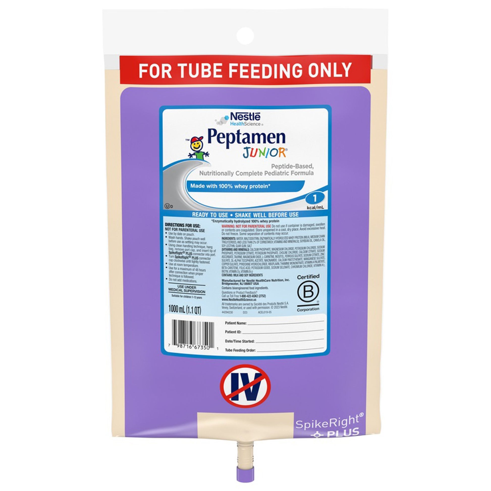 Peptamen Junior Pediatric Tube Feeding Formula, 1000 mL Bag