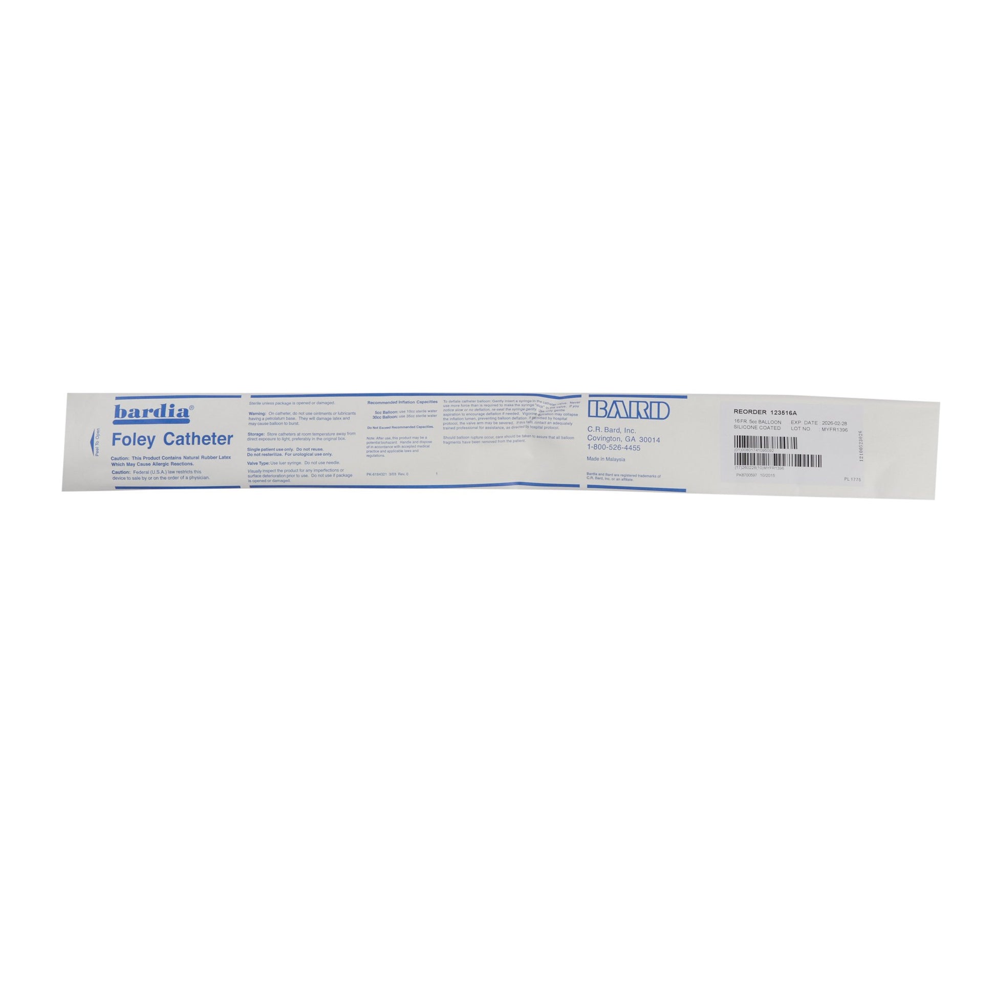 Bardia Silicone Coated Foley Catheter, 16 Fr., 5 cc