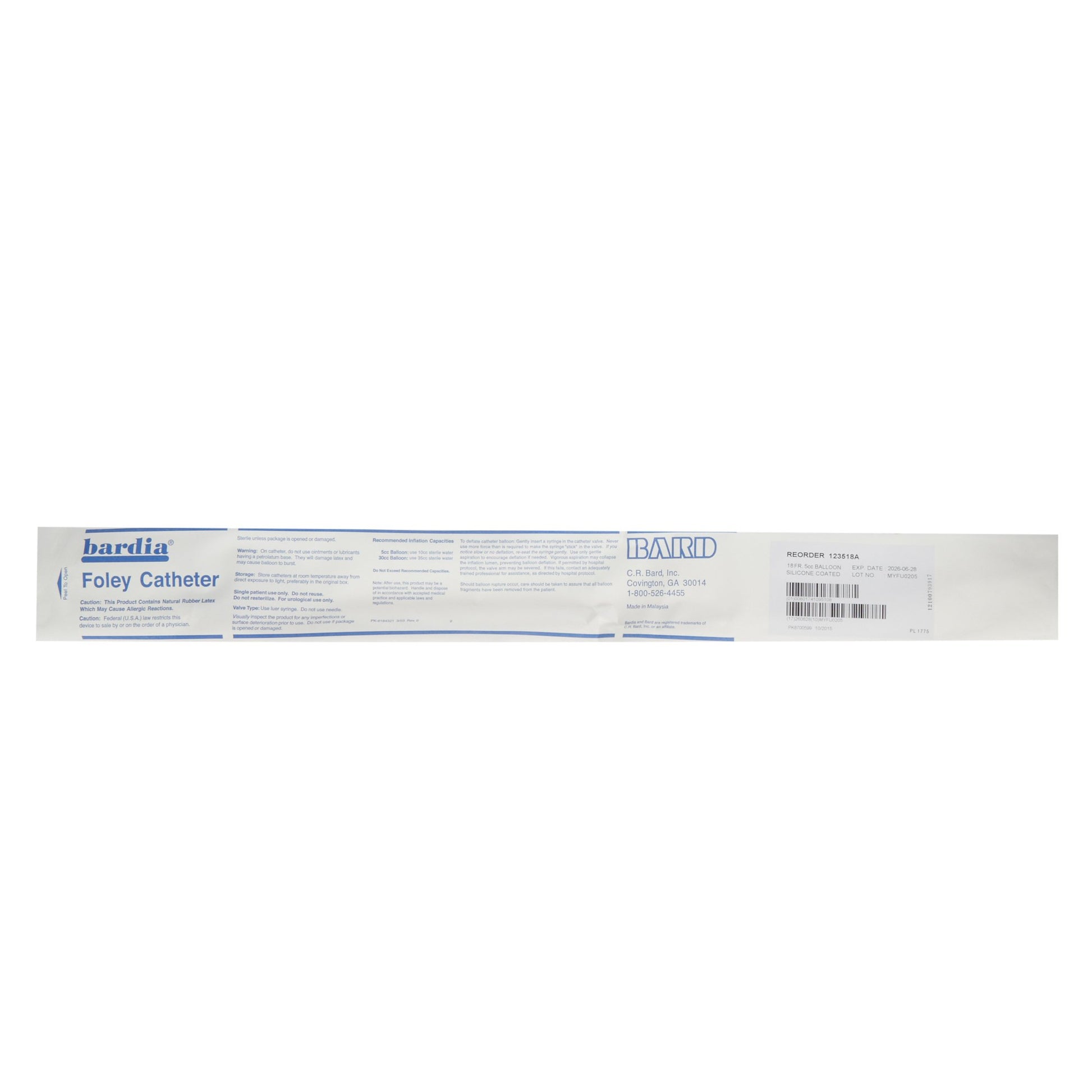 Bardia Silicone Coated Foley Catheter, 18 Fr., 5 cc