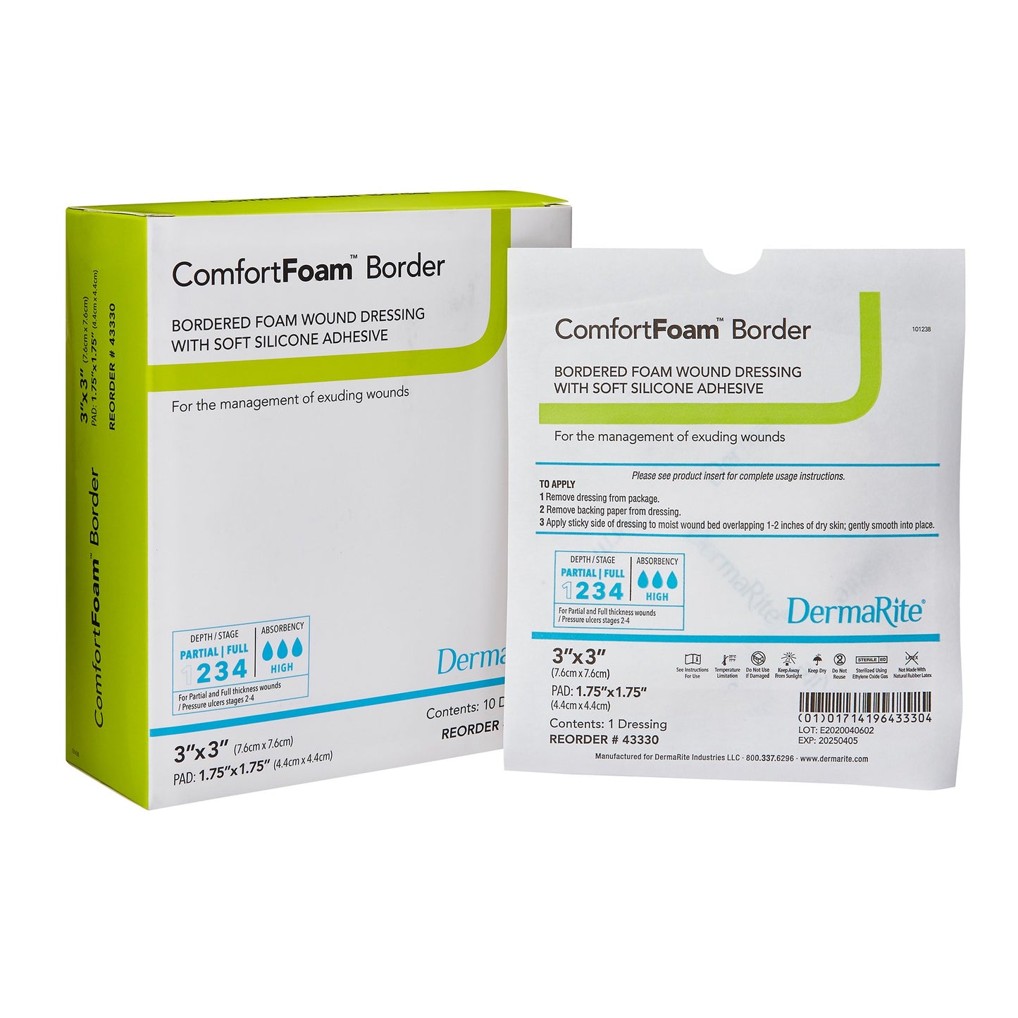 ComfortFoam™ Border Foam Wound Dressing w/ Soft Silicone Adhesive, 7.6 x 7.6 cm