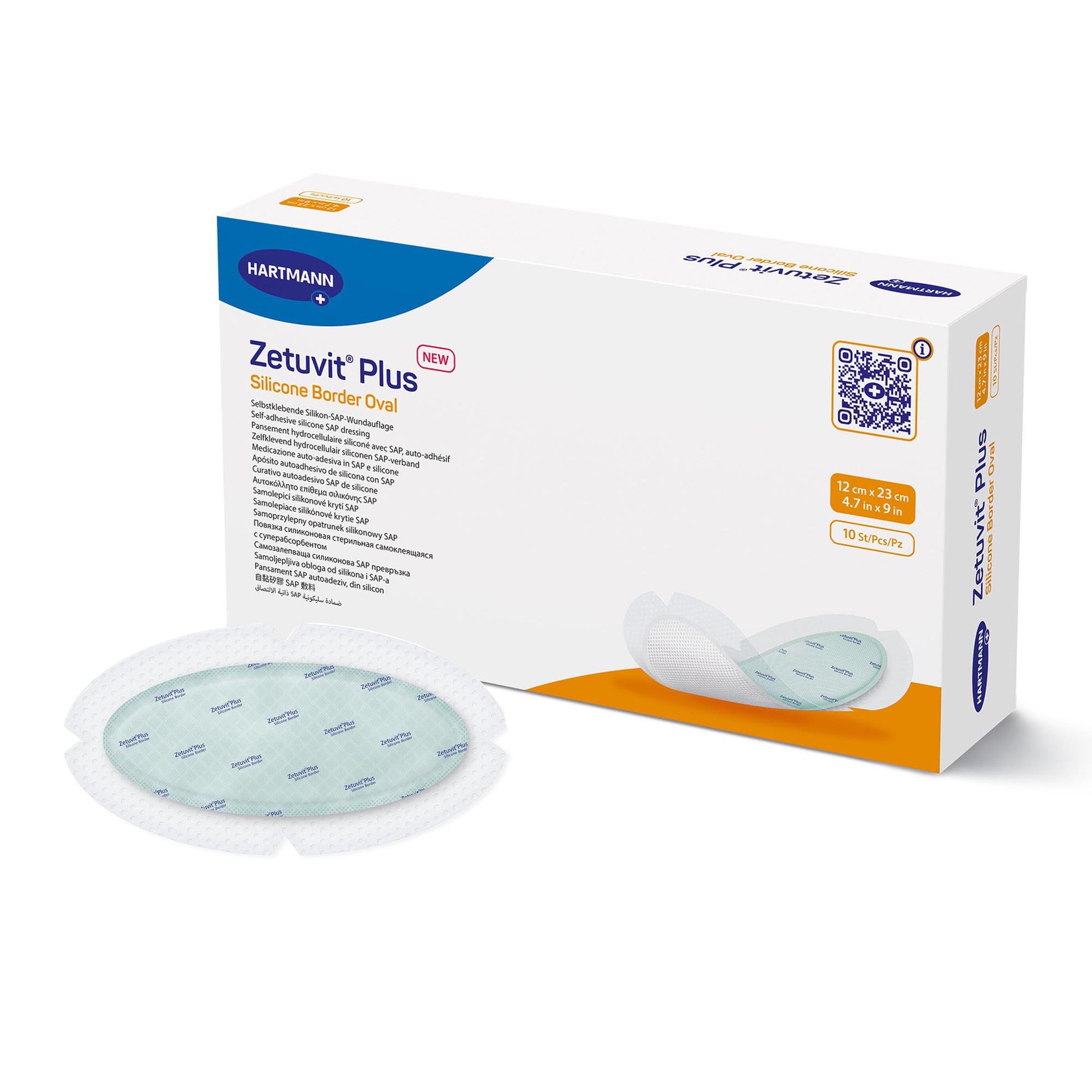 Zetuvit Plus Silicone Border Super Absorbent Dressing, 4.7 x 9 Inch Oval
