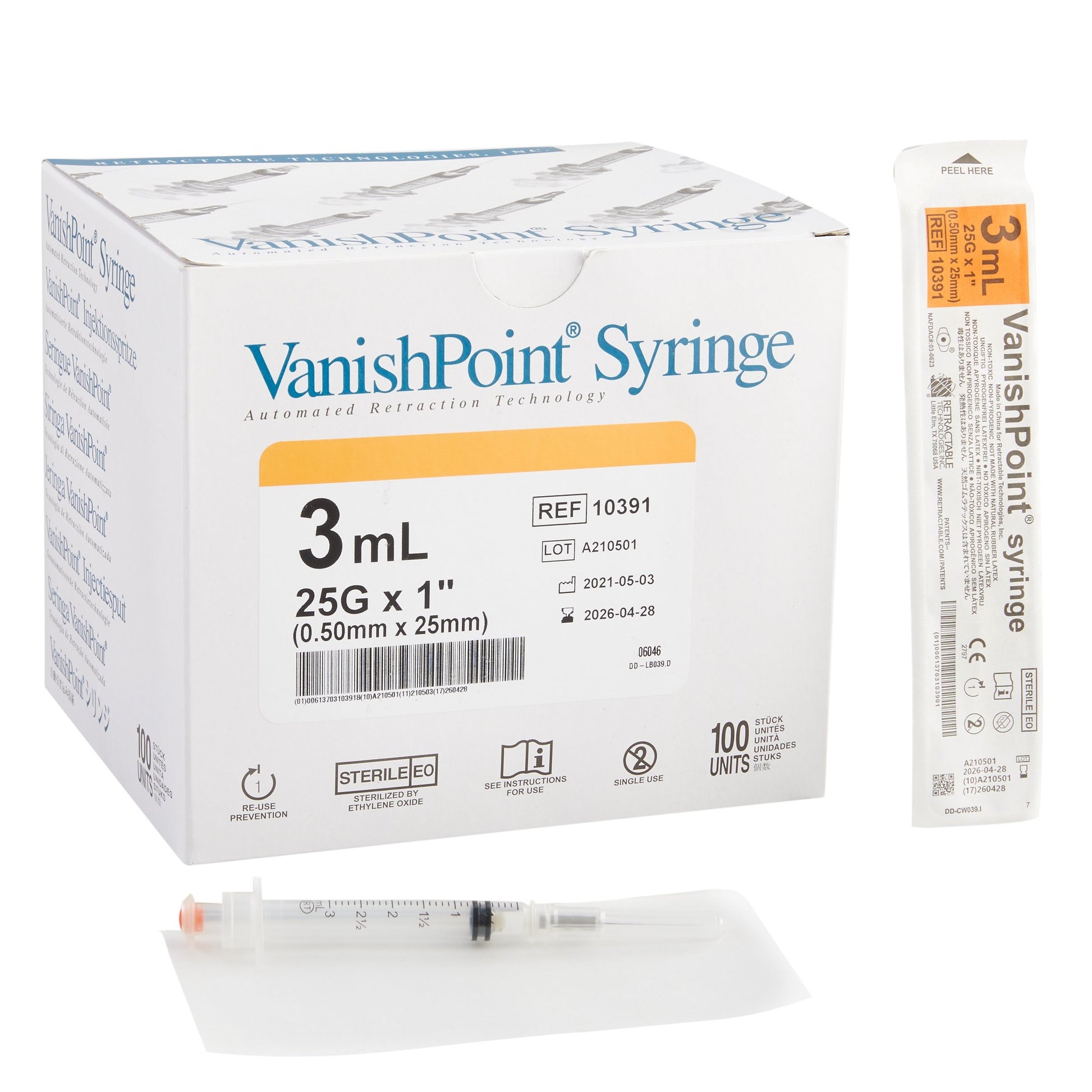 VanishPoint 3 mL Syringe with Hypodermic Needle, 25 Gauge, 1 Inch