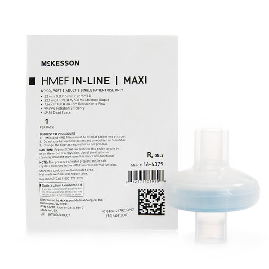 Heat and Moisture Exchanger with Filter McKesson 32.1 mg H₂O/L @ VT 500 mL 1.43 cm H₂O @ 30 LPM Straight