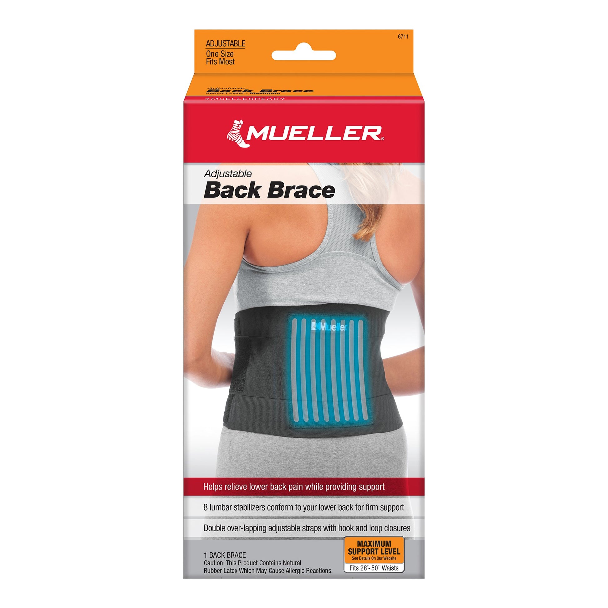 Mueller Back Brace, Lumbar Support, 28 – 50 Inch Waist, Hook and Loop Closure