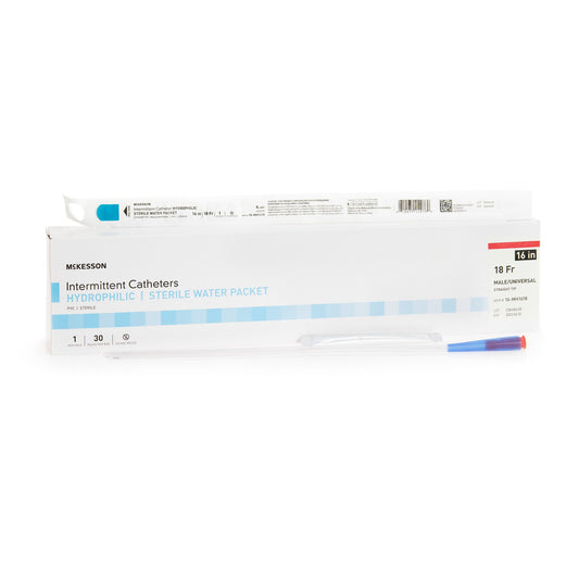 Urethral Catheter McKesson Straight Tip Hydrophilic Coated PVC 18 Fr. 16 Inch Length
