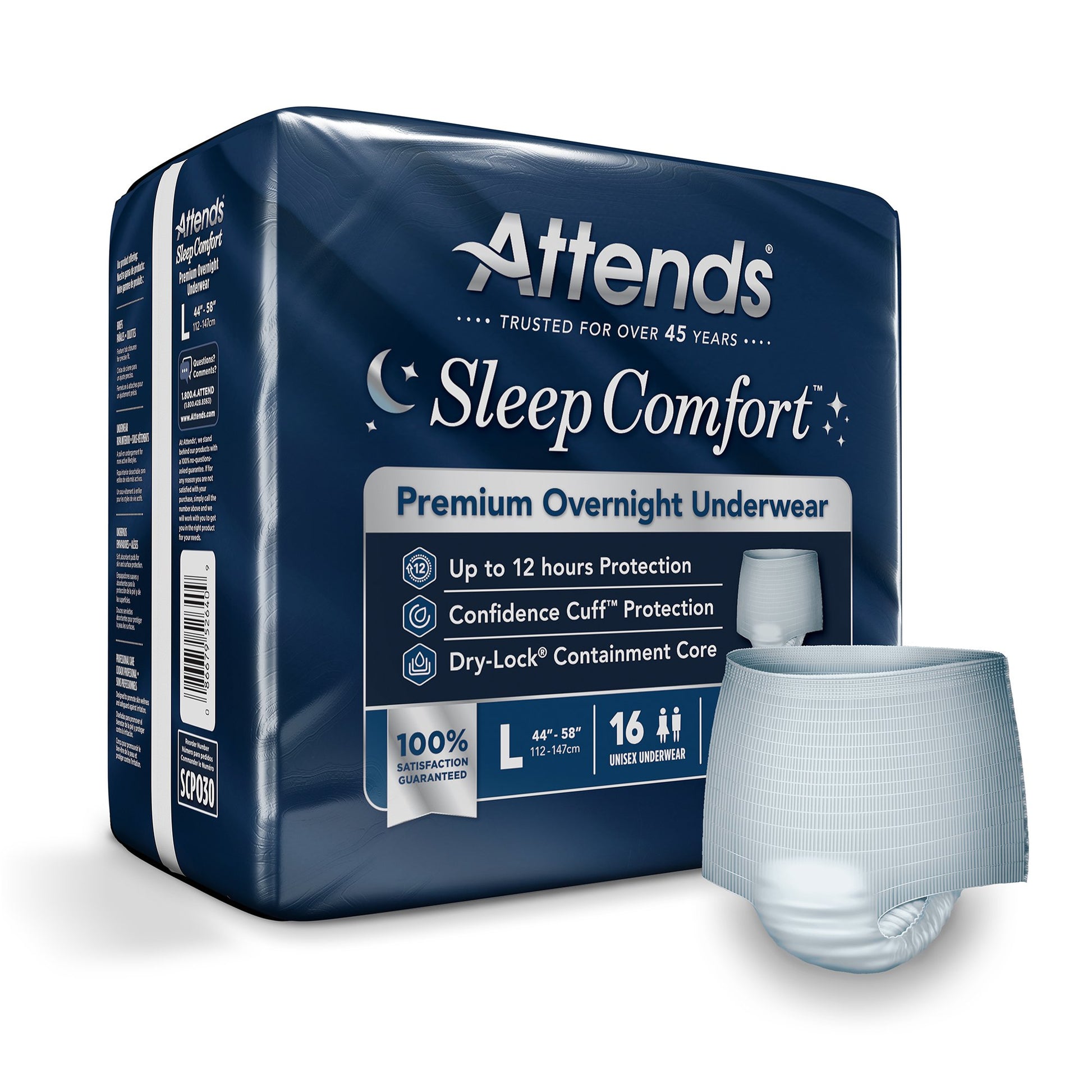 Attends Sleep Comfort Premium Overnight Underwear, Large, 44 – 58 Inches