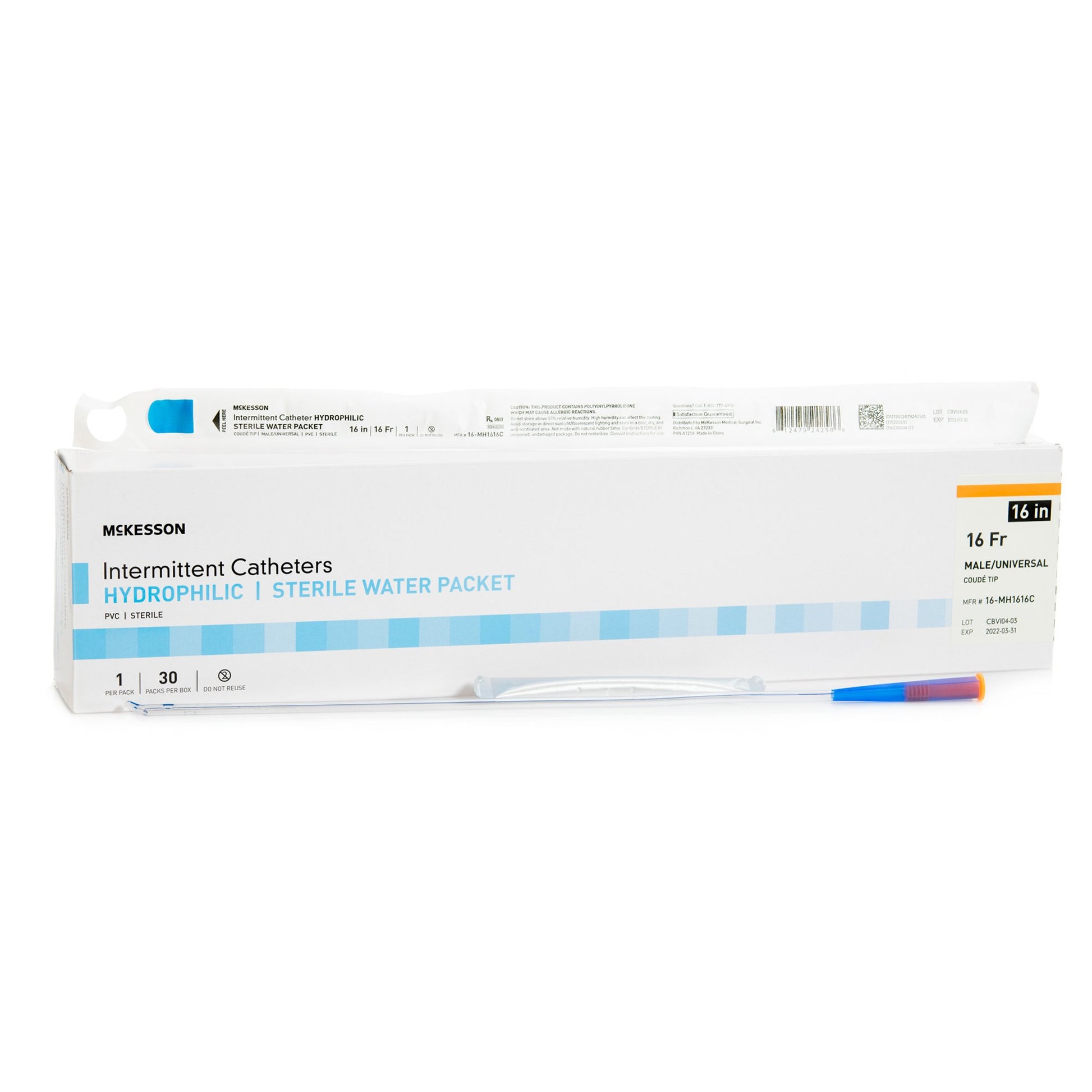 Urethral Catheter McKesson Coude Tip Hydrophilic Coated PVC 16 Fr. 16 Inch Length