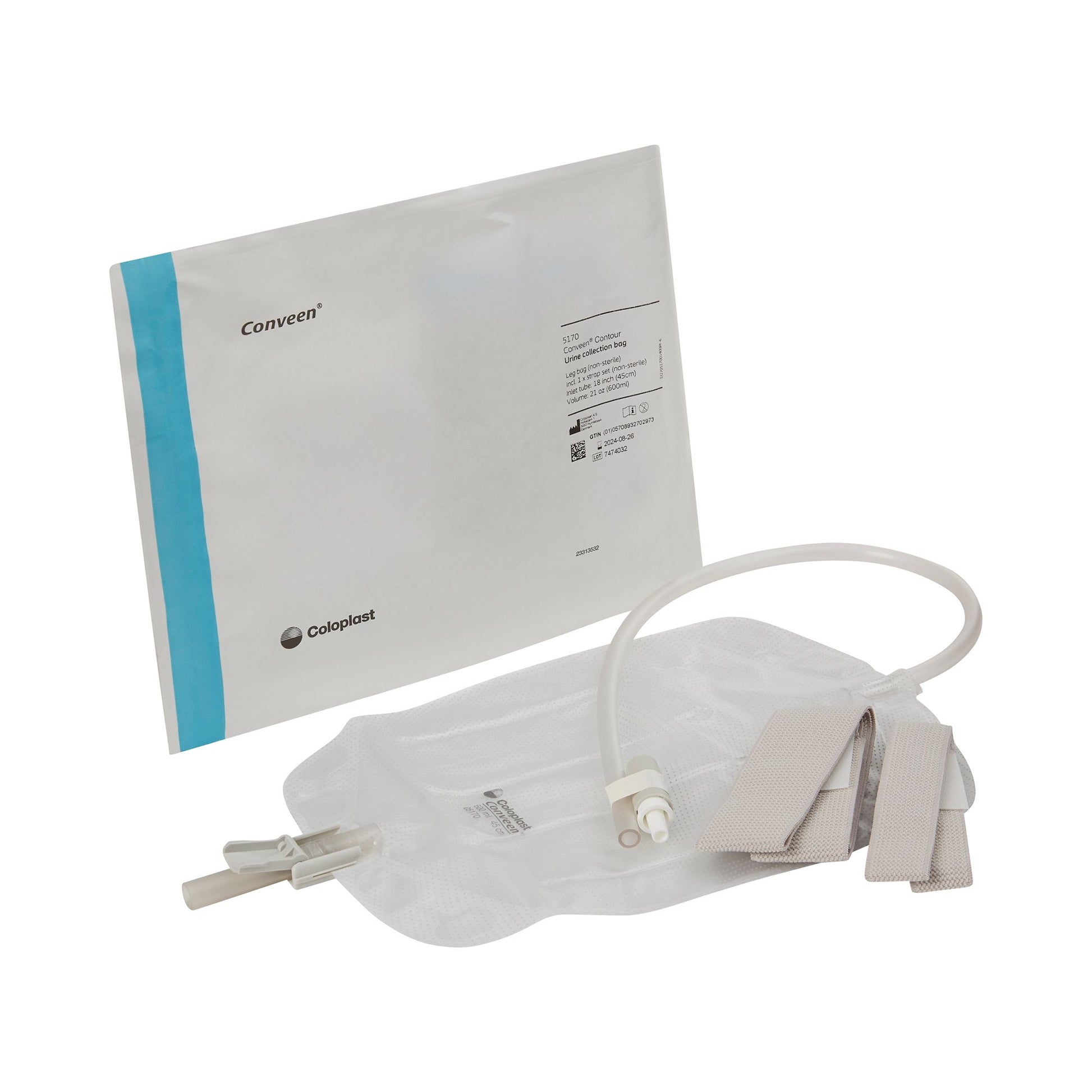 Conveen Contour Urinary Leg Bag: Anti-Reflux Valve, Polyethylene/Flocked, 600mL