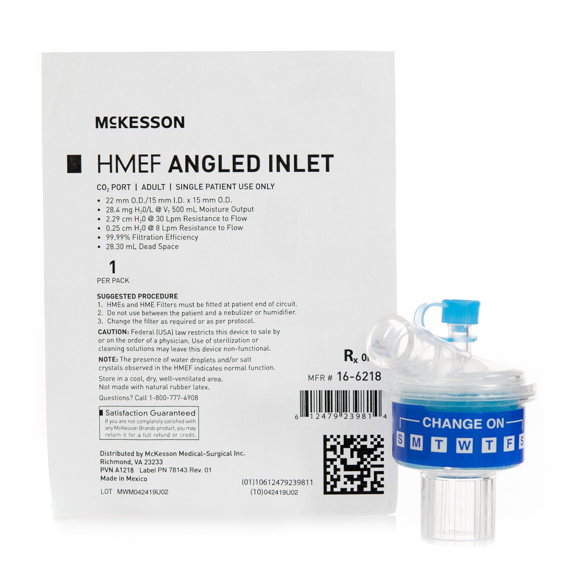 Heat and Moisture Exchanger with Filter McKesson 28.4 mg H2O / L @ VT 500 mL 2.29 cm H₂O @ 30 LPM Angled