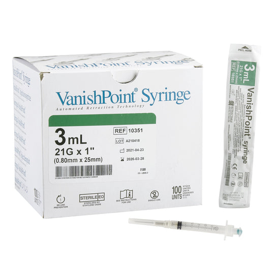 VanishPoint 3 mL Syringe with Hypodermic Needle, 21 Gauge, 1 Inch