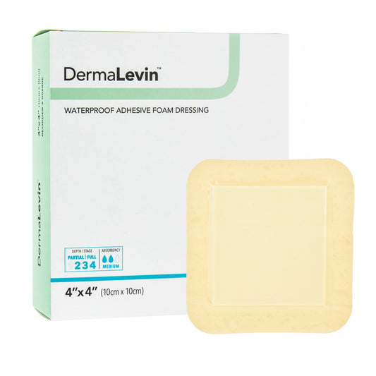 DermaLevin Adhesive with Border Foam Dressing, 4 x 4 Inch