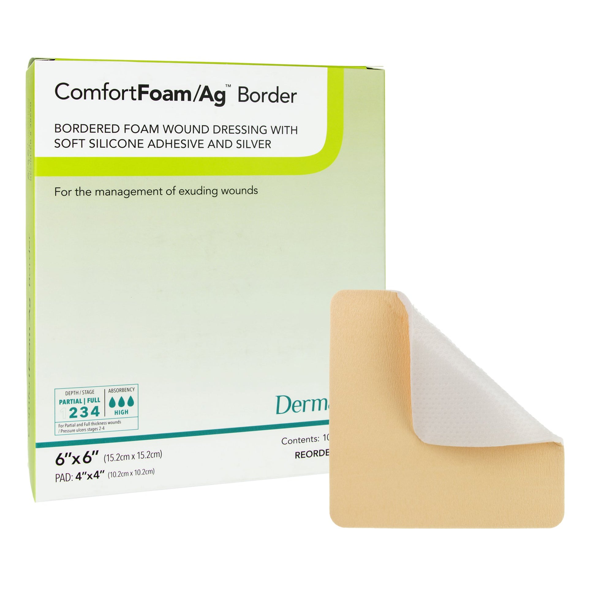 ComfortFoam/Ag™ Border Silver Foam Dressing, 6 x 6 Inch