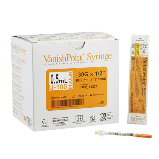 VanishPoint 0.5 mL Insulin Syringe w/ Needle, 30 Gauge, 1/2 Inch Needle Length