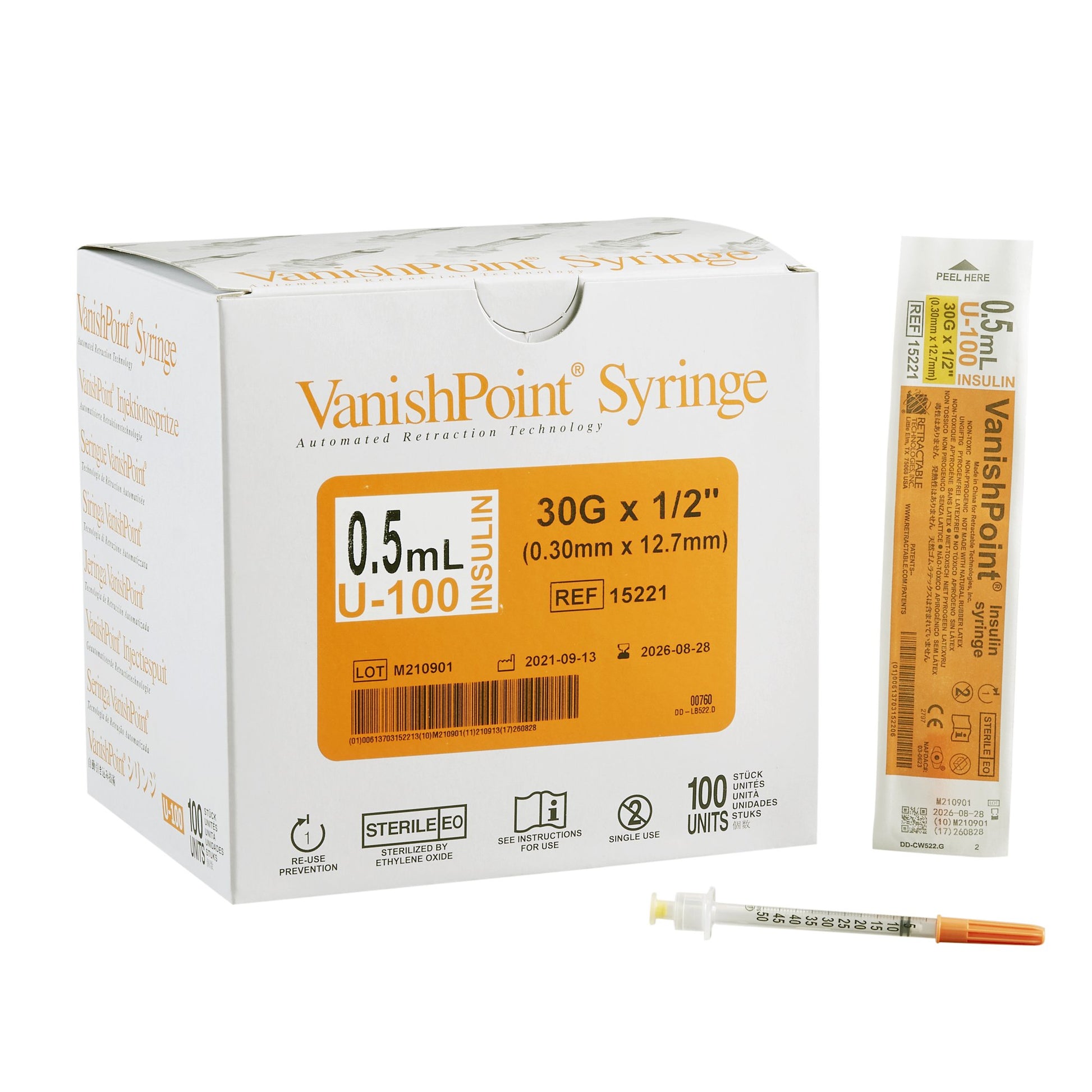 VanishPoint 0.5 mL Insulin Syringe w/ Needle, 30 Gauge, 1/2 Inch Needle Length