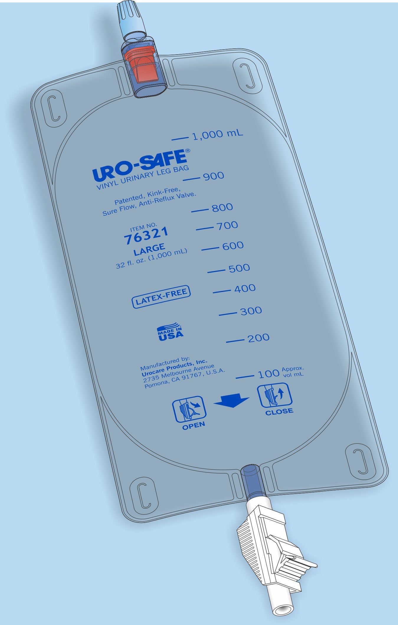 Urinary Leg Bag Uro-Safe Anti-Reflux Valve Sterile 950 mL Vinyl