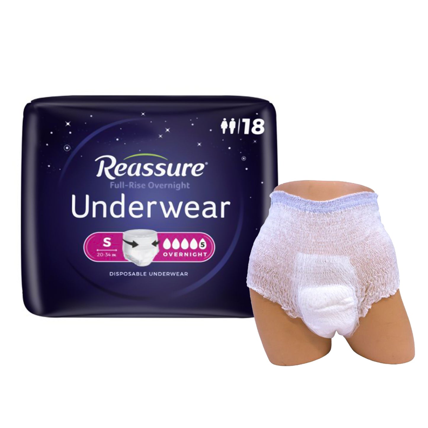 Absorbent Underwear Reassure Full-Rise Overnight Pull On with Tear Away Seams Adult Small Unisex Disposable Heavy Absorbency