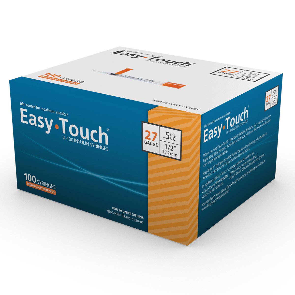 Standard Insulin Syringe with Needle EasyTouch™ 0.5 mL 1/2 Inch 27 Gauge NonSafety Thin Wall