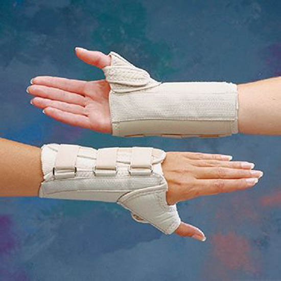 Wrist Brace with Thumb Spica Rolyan D-Ring™ Original Aluminum / Cotton / Polyester Left Hand Beige Large
