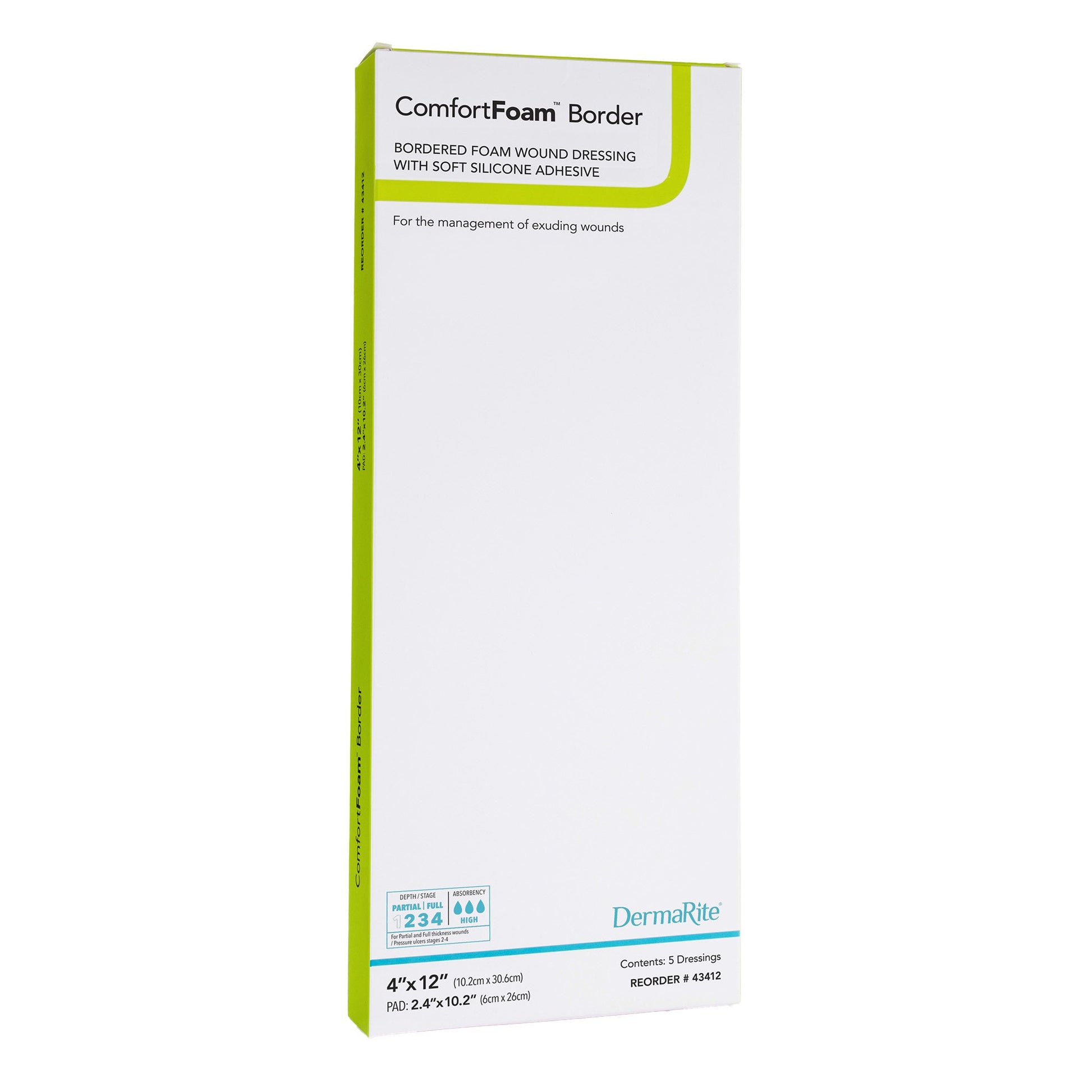 ComfortFoam™ Bordered Foam Wound Dressing w/ Soft Silicone Adhesive, 4 x 12 Inch