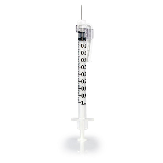 Safety Tuberculin Syringe with Needle McKesson Prevent SG 1 mL 1/2 Inch 27 Gauge Sliding Safety Needle Regular Wall