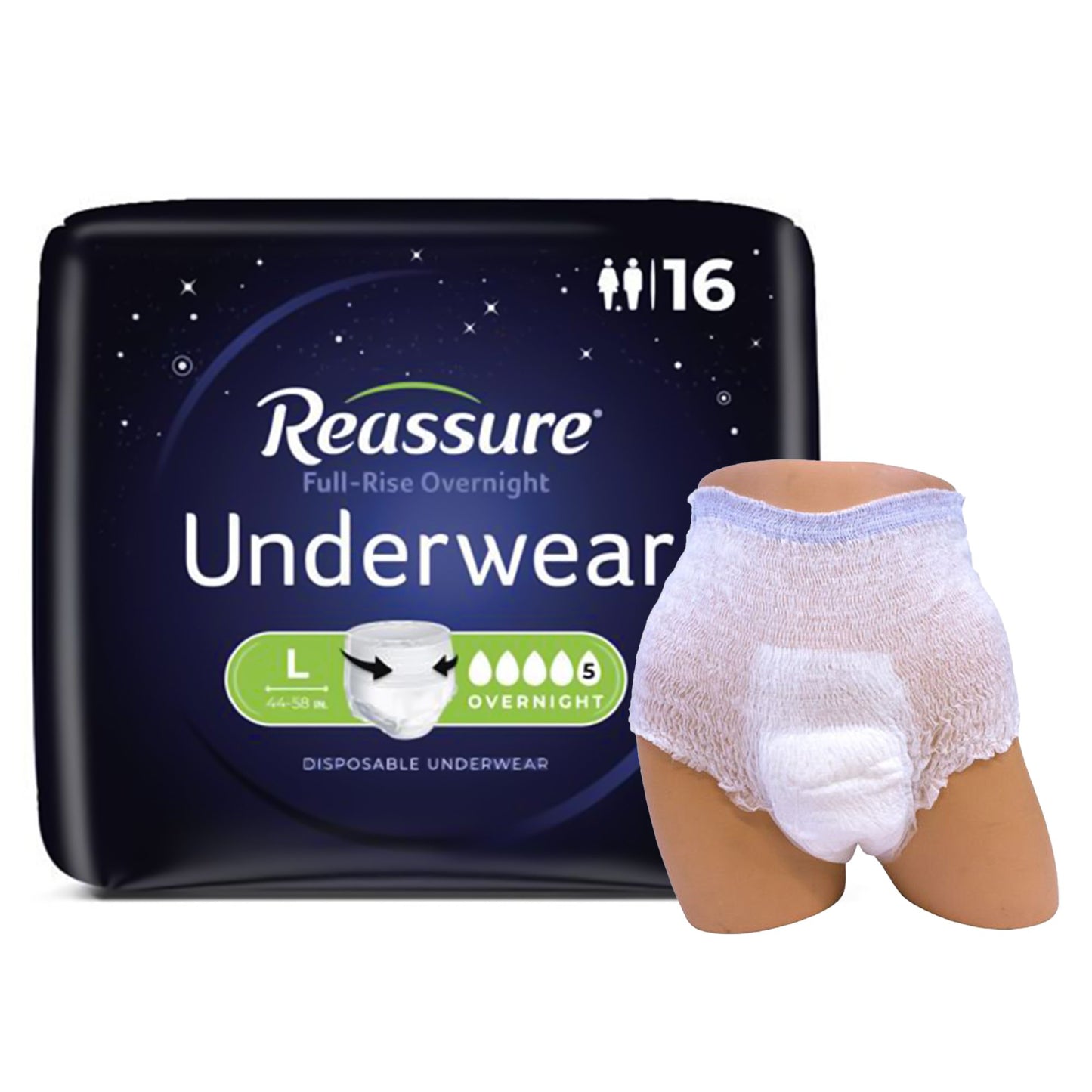 Absorbent Underwear Reassure Full-Rise Overnight Pull On with Tear Away Seams Adult Large Unisex Disposable Heavy Absorbency