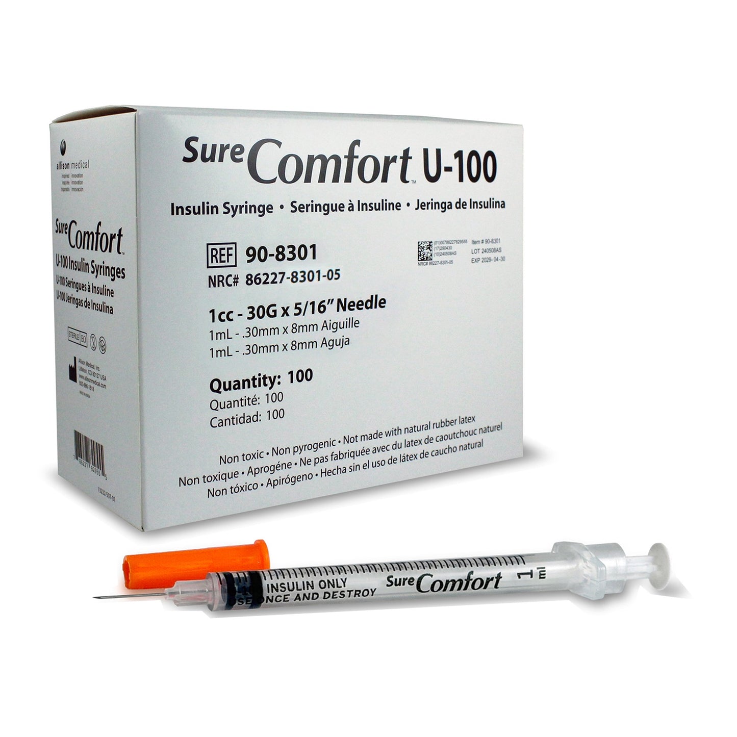 Standard Insulin Syringe with Needle Surecomfort 1 mL 5/16 Inch 30 Gauge NonSafety Regular Wall