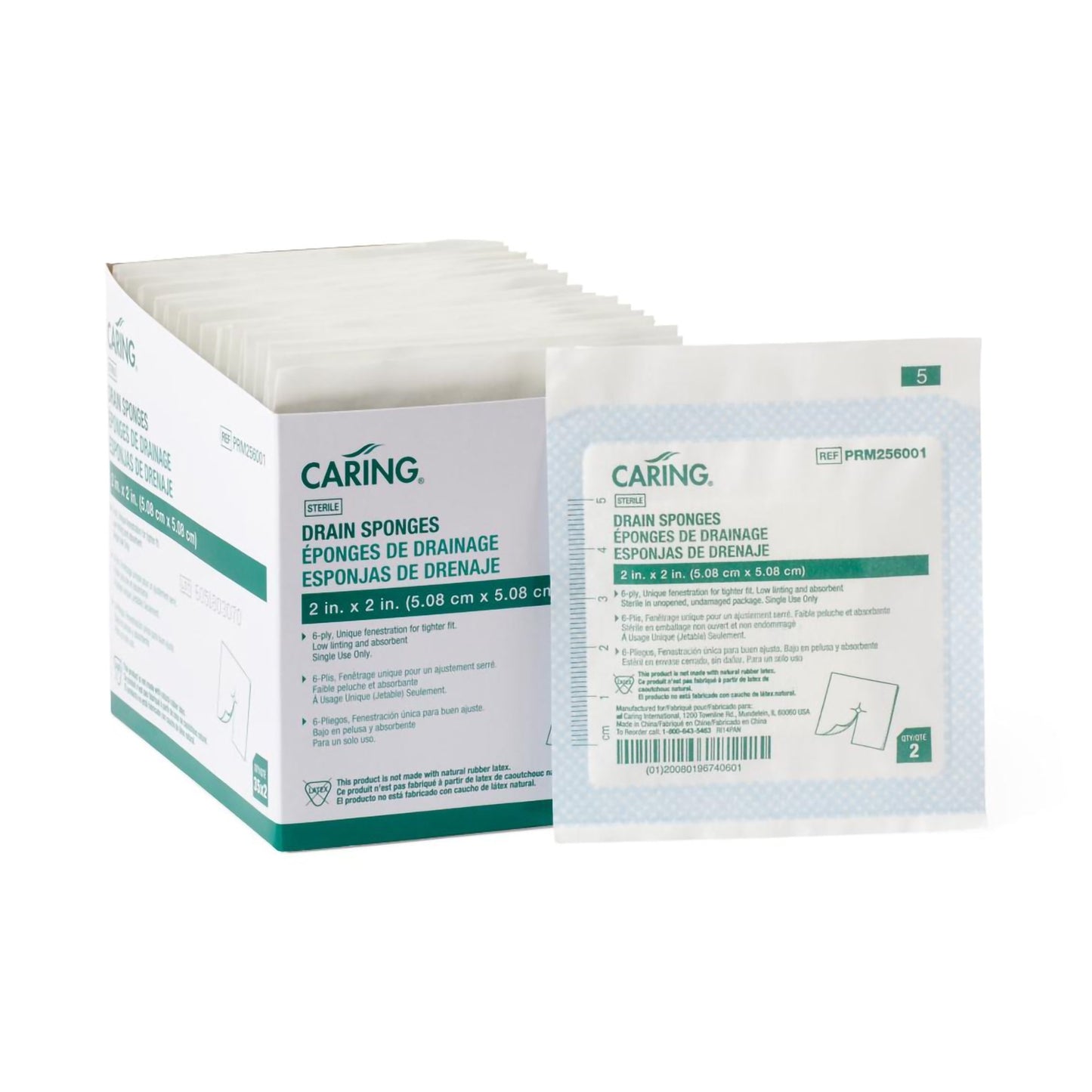 Caring Drain Sponge, 2 x 2 Inch, 6-Ply