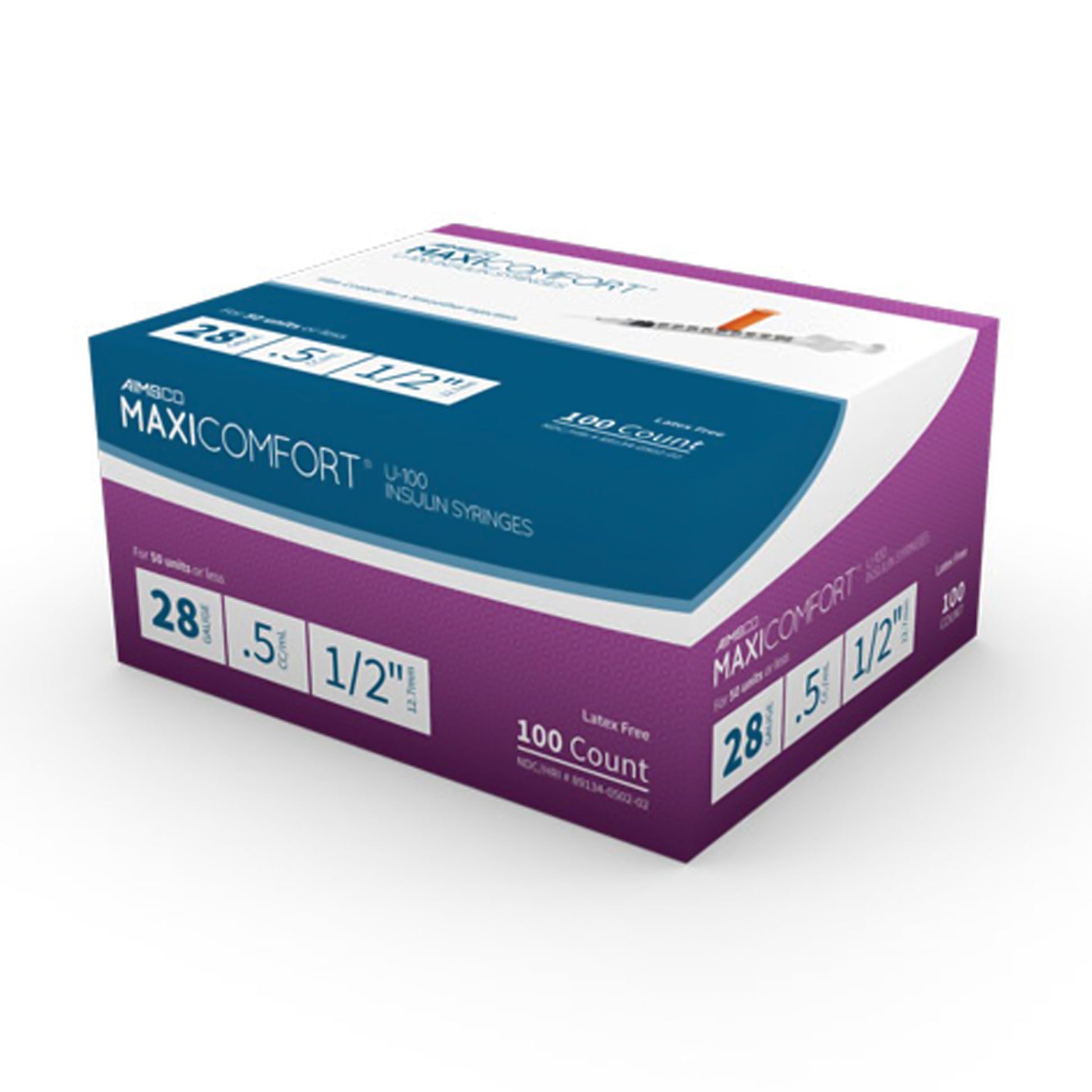 MaxiComfort II Standard Insulin 0.5 mL Syringe w/ Needle, 28 Gauge, 1/2 Inch