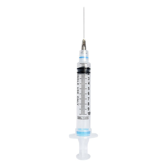 Safety Hypodermic Syringe with Needle Sol-Care™ 10 mL 1-1/2 Inch 22 Gauge Retractable Safety Needle Regular Wall