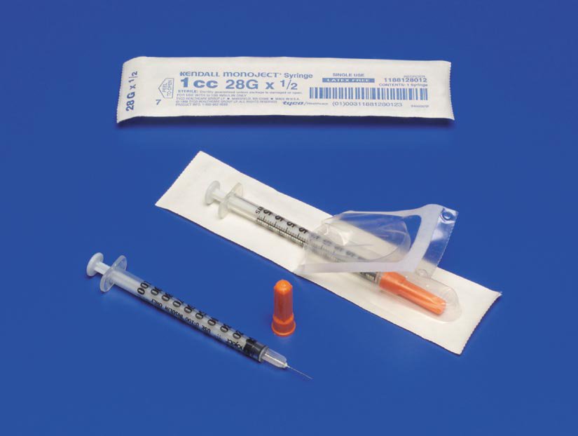 Monoject™ 1 mL Insulin Syringe with Needle, 28 Gauge, 1/2 Inch Needle Length