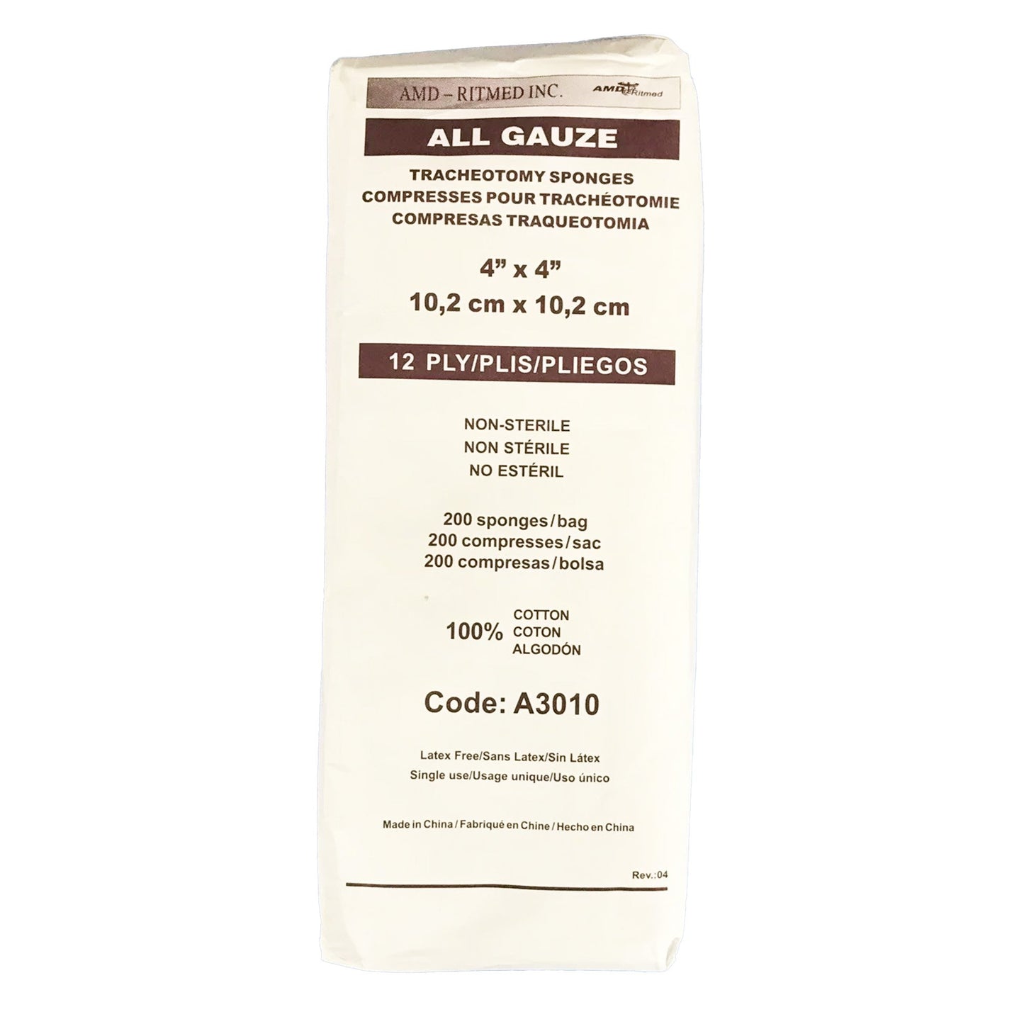AMD Ritmed Tracheostomy Dressing, 4 x 4 Inch, 12-Ply