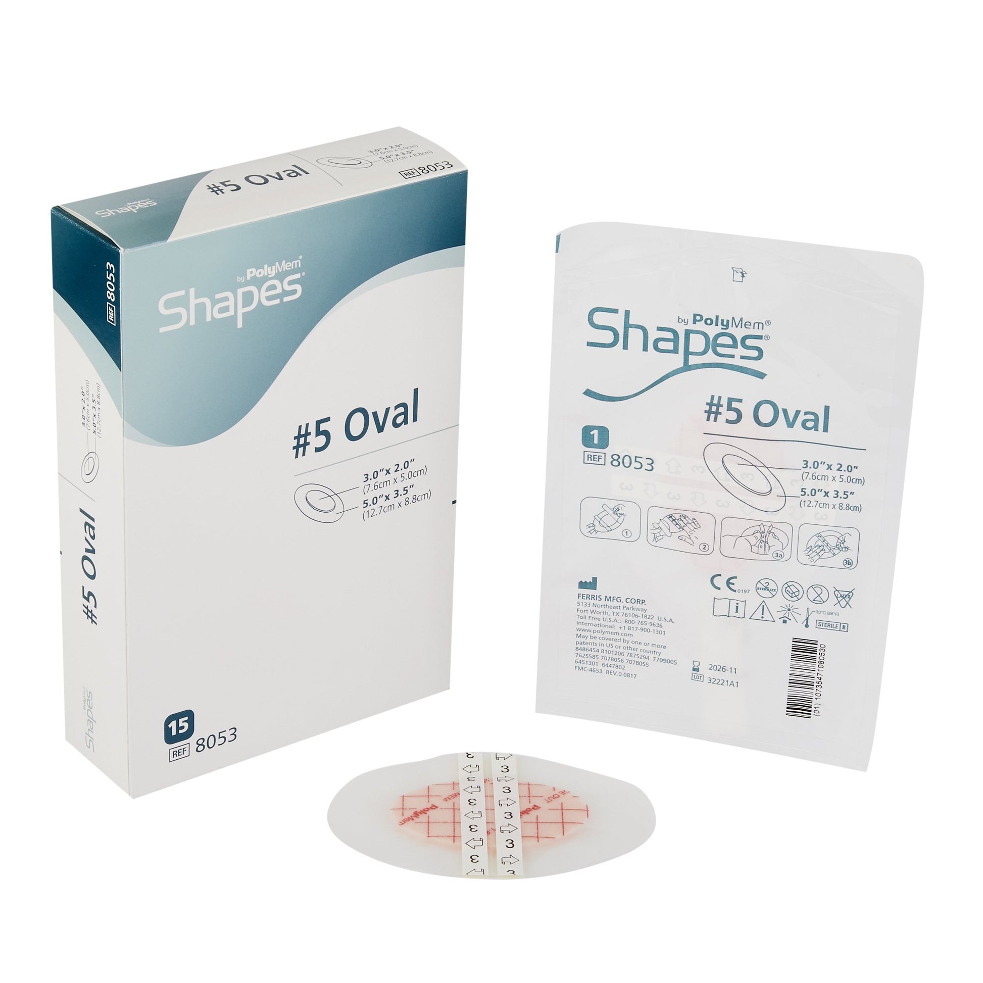 PolyMem Shapes Adhesive with Border Foam Dressing, 3½ x 5 Inch Oval