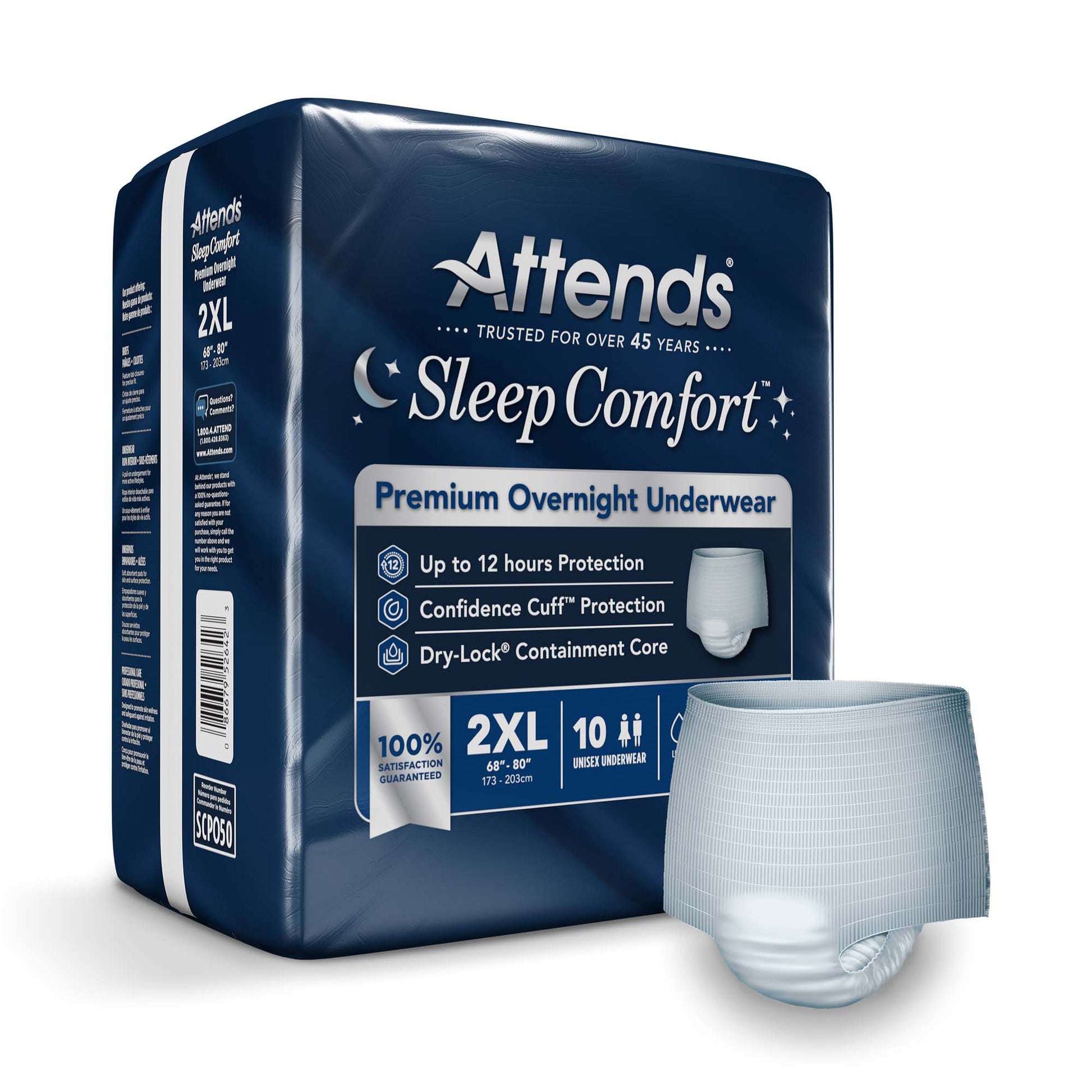 Attends Sleep Comfort Premium Overnight Underwear, 2X-Large, 68 – 80 Inches