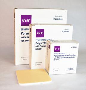 Foam Dressing Zenifoam Gentle 4 X 4 Inch Without Border Waterproof Backing Silicone Adhesive Square Sterile